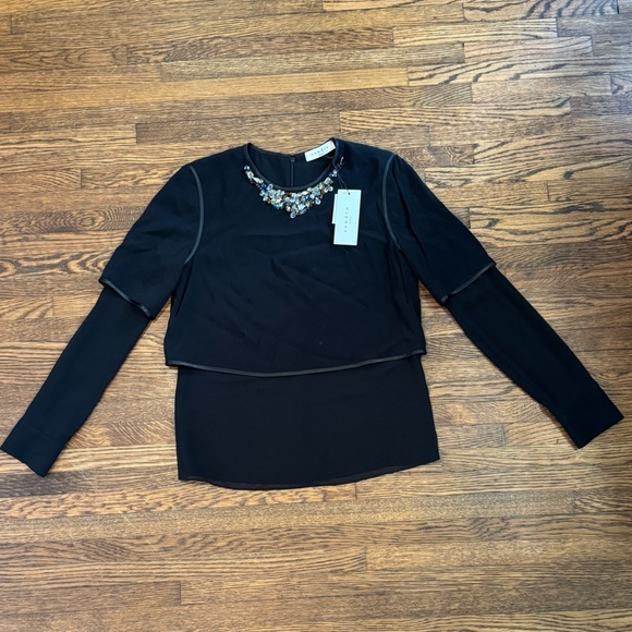 NWT Sandro Black Embellished Crop Blouse with Sheer Button Up Size 1 - Picture 2 of 7